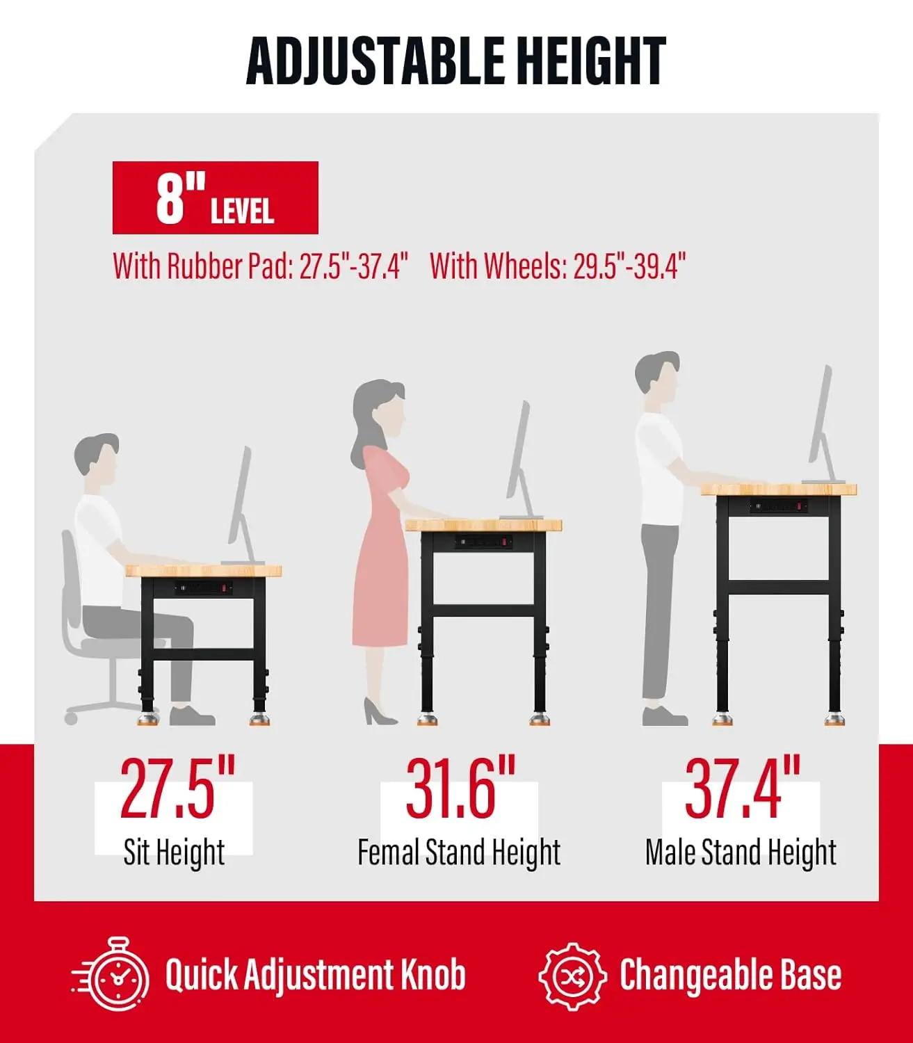 Adjustable Heavy Duty Garage Work Bench Table,Hardwood Top 2000 LBS Load Worktable,Rolling Mobile Workbench with Power Strip.