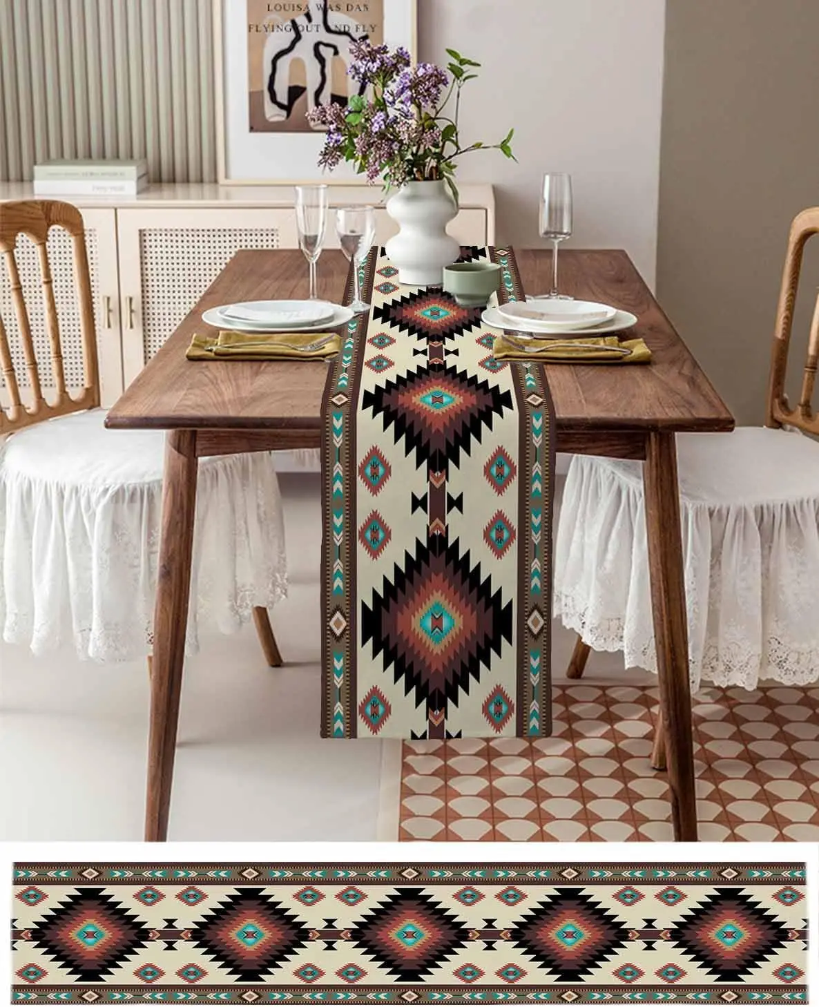 Brown Teal Southwest Linen Table Runner Western Geometric Abstract Ethnic Dresser Scarf Table Decor Home Dining Party Decoration