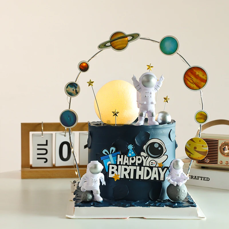 Astronaut Cake Topper Outer Space Birthday Decoration Boy Astronaut Cake Decoration Planet UFO Moon Baby Shower Kids Party Tools