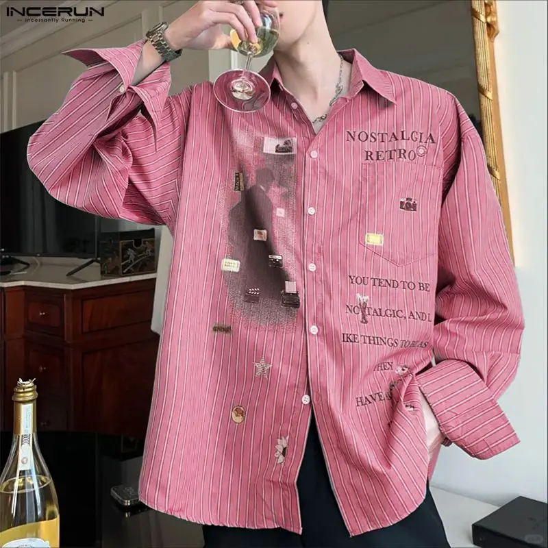 

INCERUN Мужская рубашка в полоску с принтом и лацканами с длинным рукавом на пуговицах Мужская одежда Уличная одежда Свободные модные повседневные топы Мужские рубашки S-5XL