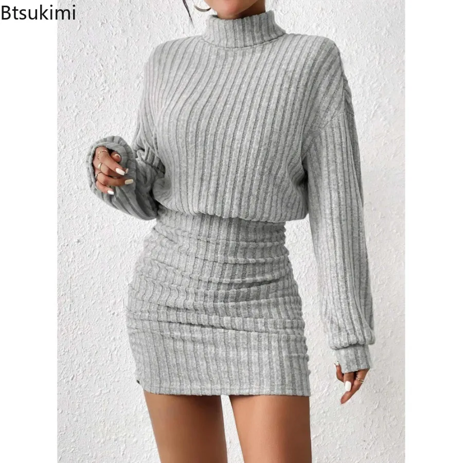 

2025 Women's Autumn Winter Fashion High Neck Knitted Sweater Dress Female Casual Solid Loose Long Sleeve Warm Mid Length Dresses