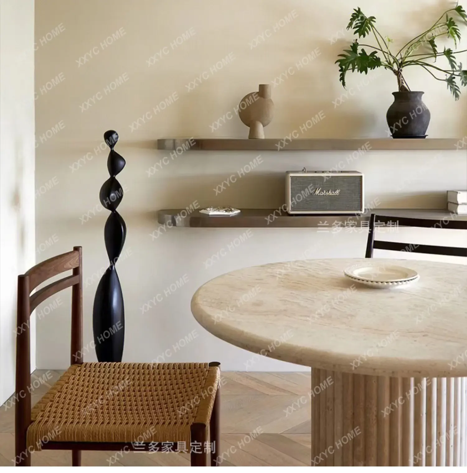 AANatural Marble Wabi Sand Travertine Imported Dining Table Living Room Household Round Light Luxury High-end Dining Table