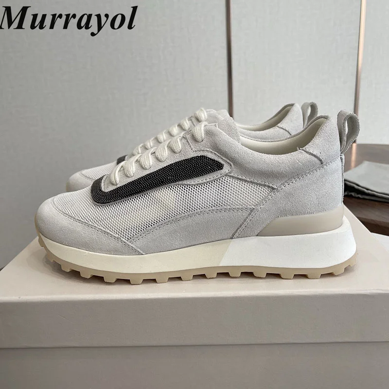 New Flat Shoes Women's Beaded Decorative Breathable Lace Up Sneakers Spring Autumn Casual Versatile Single Shoes Running Shoes