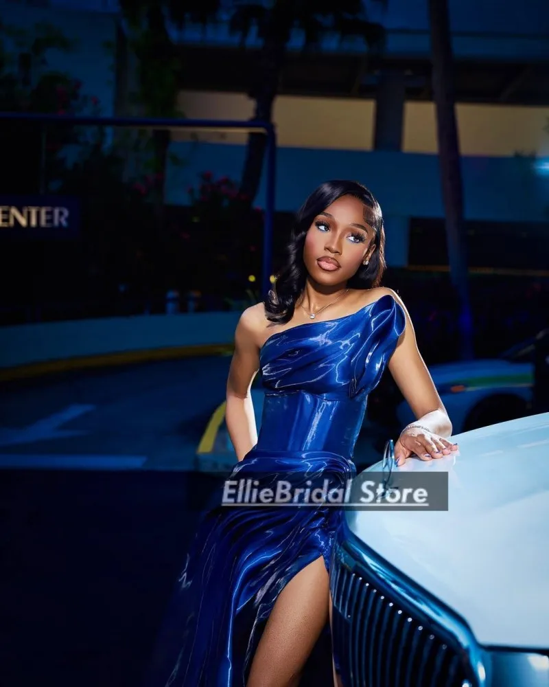 Royal Blue Flowing Satin Evening Dress For Nigerian Girls Luxurious Party Dresses High Split Mermaid Evening Gowns Customized