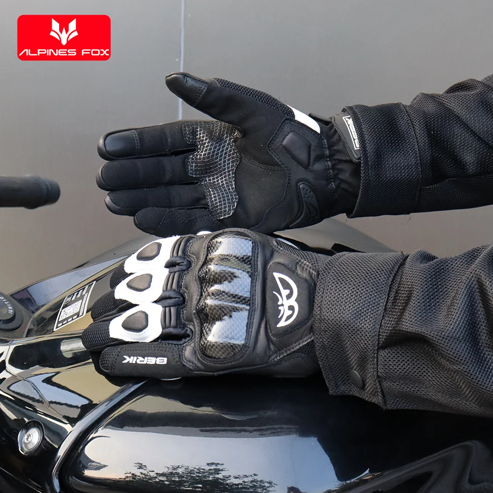 BERIK Motorcycle Gloves Leather Carbon Fiber Shell Moto Motocross Glove Breathable Motorbike Full Finger Touch Screen Gloves Men