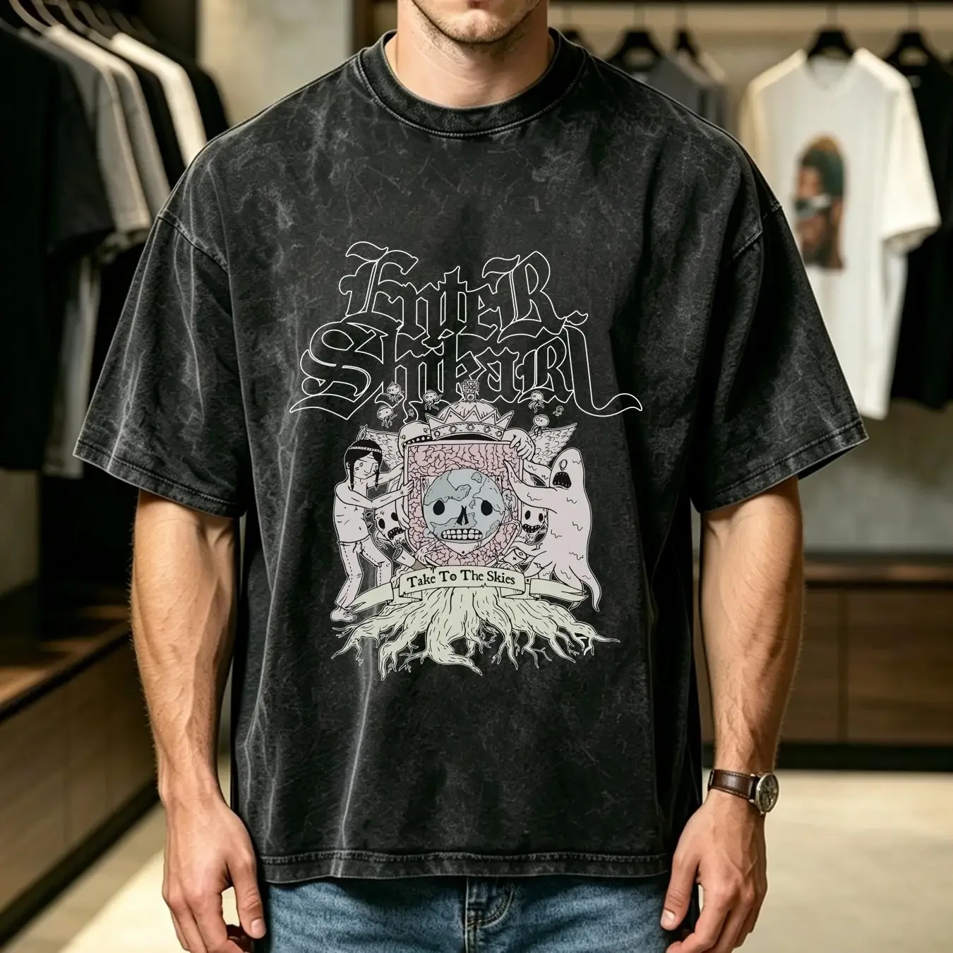 washed T Shirt Enter Shikari Take To The Skies Statues OFFICIAL vintage Washed Versatile fashion Slightly Breathable Unisex