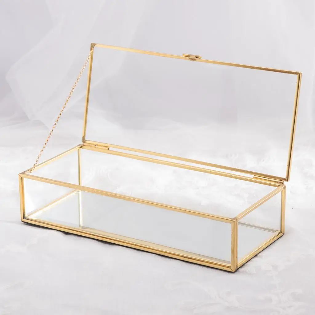 Nordic Retro Golden Trim Geometry Jewelry Trinket Glass Box Case with Cover