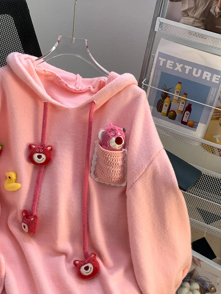 Hsa coreano bellezza rosa fragola maglione orso Pullover con cappuccio maglione per le donne 2023 nuovo autunno/inverno capispalla sciolto coreano