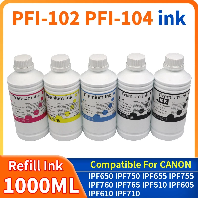 

1000 мл PFI-102 PFI-104 Dye Ink Y M C PK Пигментные чернила MBK для принтера Canon iPF500 510 600 610 700 710 605 650 655 750 755 760 765