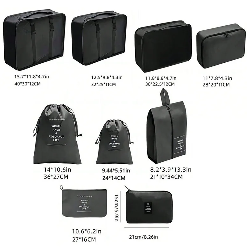 9Pcs Travel Organizer Bags Suitcase Packing Cubes Portable Fold Wardrobe Luggage Clothes Makeup Digital Shoe Storage Bags