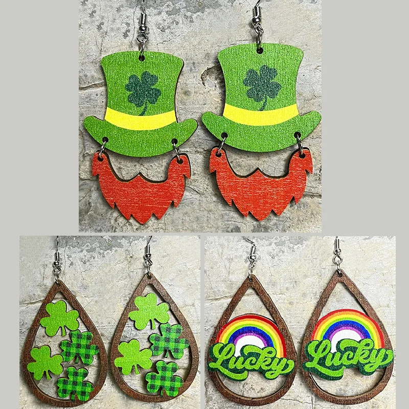 2023 Wholesale St. Patrick's Day Clover Green Rainbow Bearded Irish Wooden Earrings for Women Girl