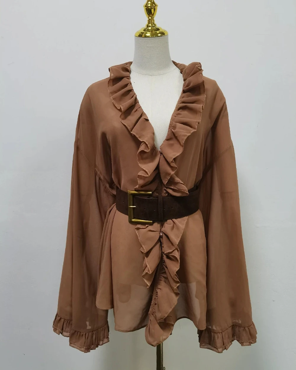 Franse stijl tops herfst 2025, nieuwe gegolfde losse slanke tailleriem, sexy elegant shirt-GZXX 949