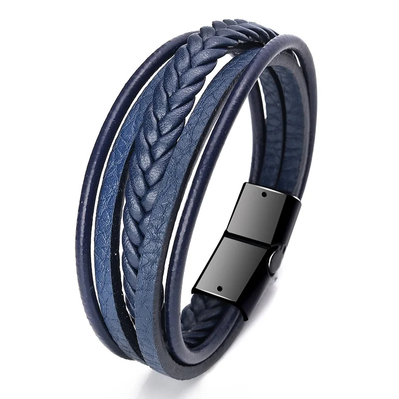 Trendy  Leather Bracelets Men Stainless Steel Multilayer Braided Rope Bracelets For Male Bracelets Jewelry Pulsera Hombre