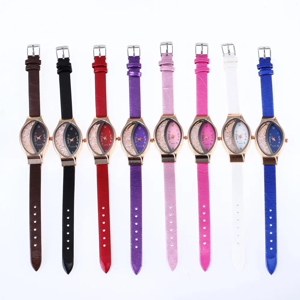 Unique Ladies Quartz Movement Watch Oval Half Moon Dial Half-side Rhinestone Ball Quicksand Design Gift for Woman Leather Strap