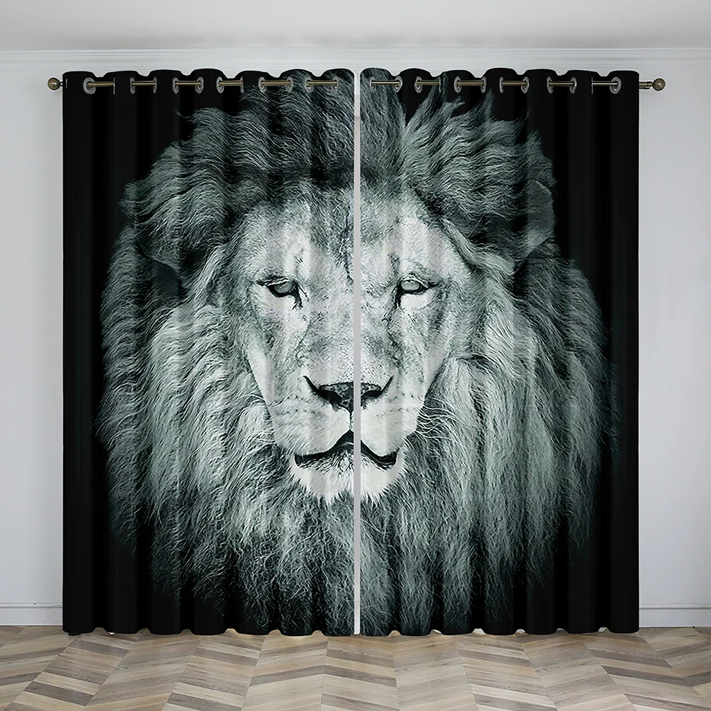 3D Digital Animal Wolf and Tiger Lion Print Curtain, Polyester Shading, Living Room, Bedroom, Kitchen Treatment, Hook Decor, 2 P