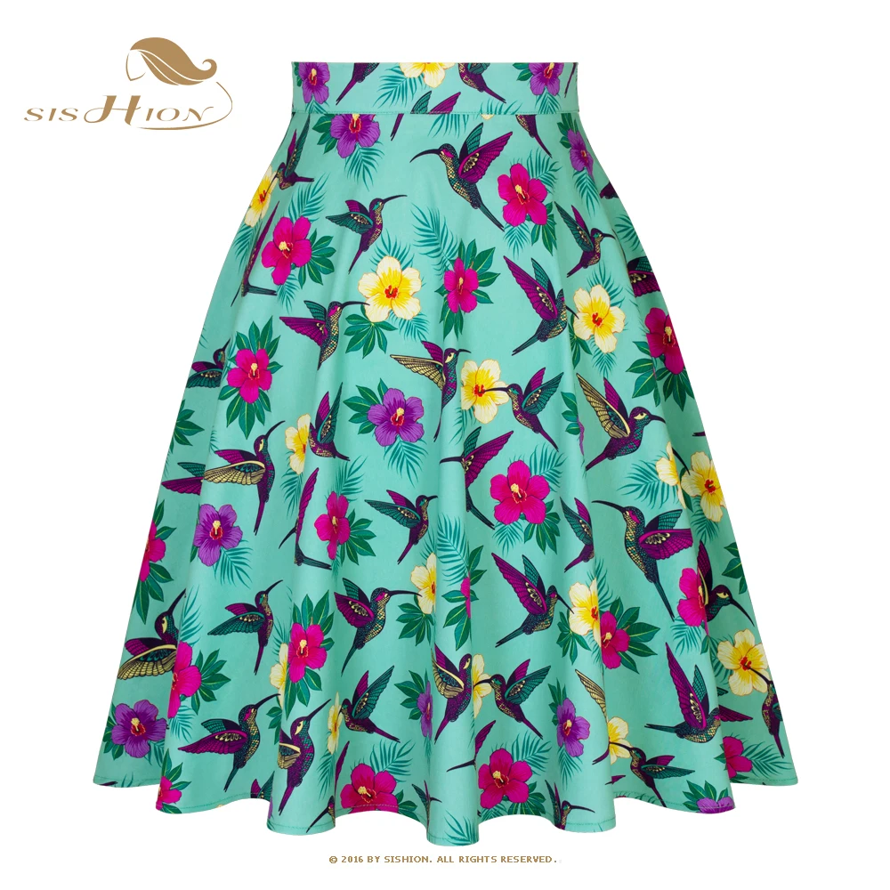 

SISHION High Waist Green Floral Flowers Printed and Birds 50s 60s Retro Vintage Skirt VD0020 Women A Line Jupe Steampunk Skirts