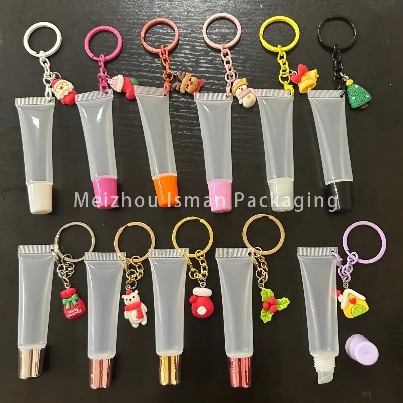 50Pcs Empty 15ML Empty Christmas Pink Lip Gloss Squeeze Cosmetic Lipstick Lip Balm Packaging Lip Gloss Tube With Cute Key Chain