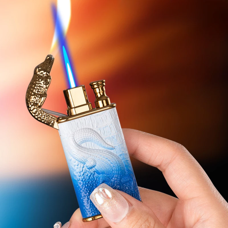 2024 3D Relief Dragon Crocodile Double Fire Lighter Metal Windproof Jet Fire Open Fire Conversion Gas Lighter Smoking Men\'s Gift