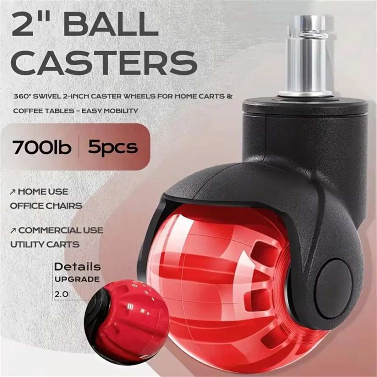 2026 New Tool 5pcs Wheel Casters 2 Inch PU Ball Caster with Silent Ball Bearing for Chairs, Kitchen Carts Wheels Replacement