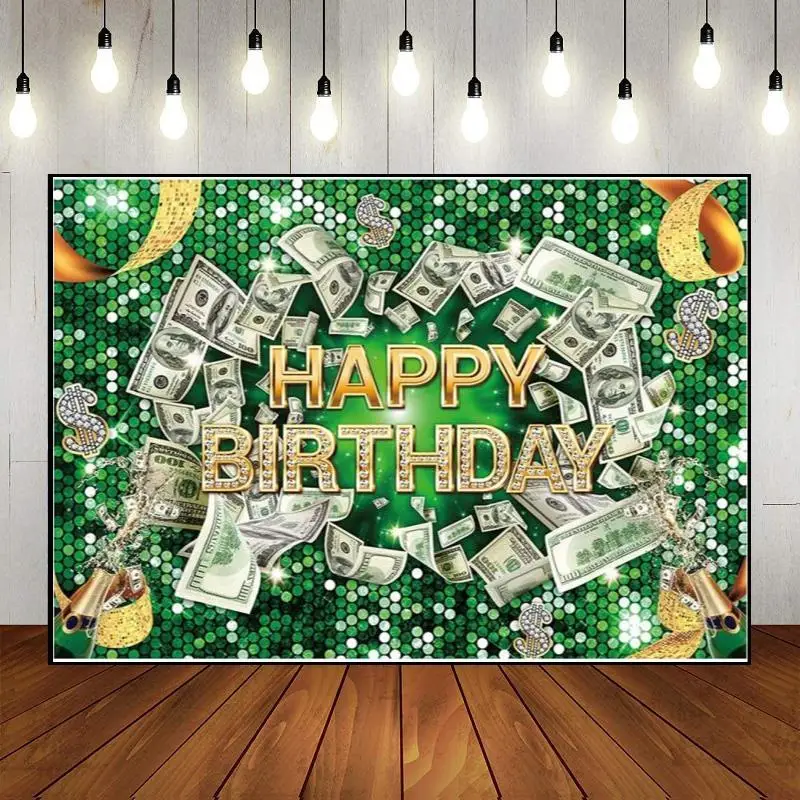 Champagne Banner Bill Party Wall Custom Decoration   Money Theme Diamond Backdrop Glitter Photography Happy Birthday Photo