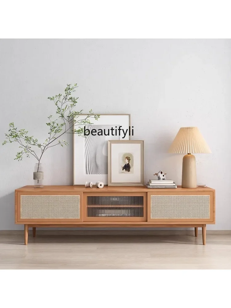 

07Simple Solid Wood TV Cabinet Bedroom Living Room Small Apartment Rattan Glass Sliding Door TV Table Cabinet furniture