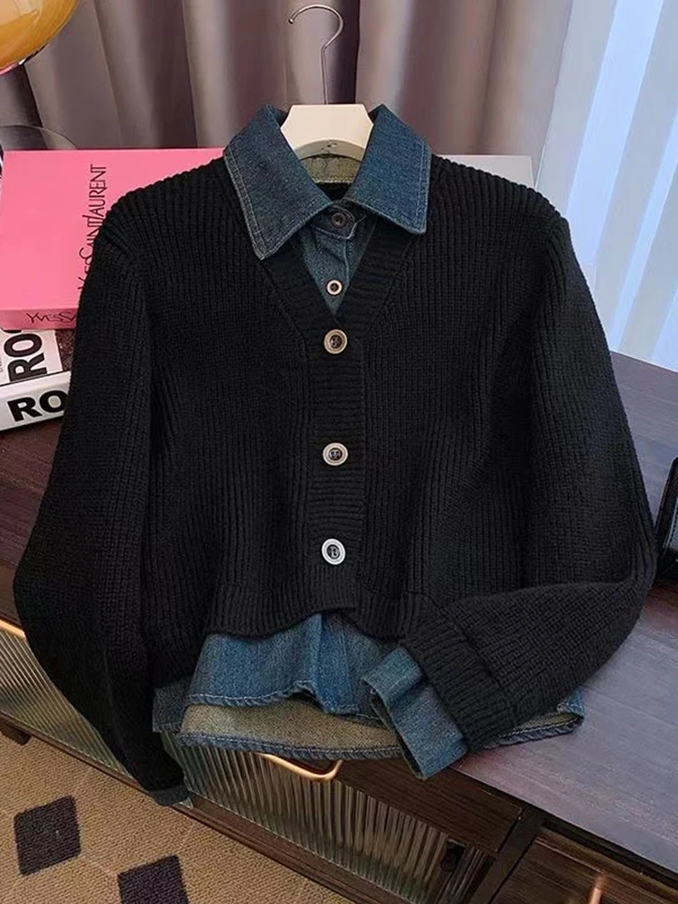 Vintage Denim Spliced Short Knit Tops Women Casual Long Sleeve Sweater Cardigans Korean Spirng Polo Collar Knitwear Sweatshirt