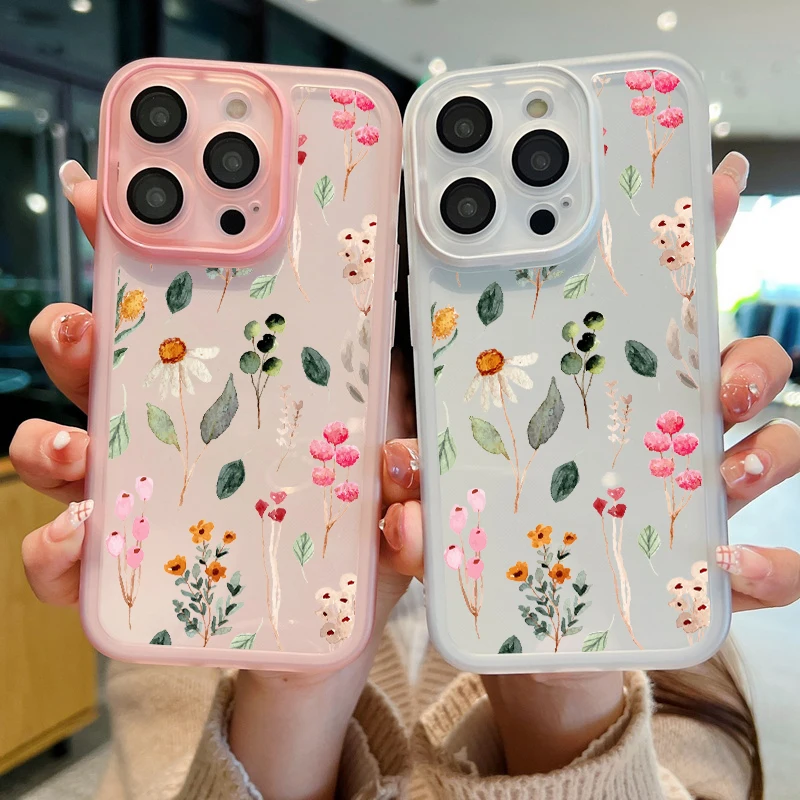 Flower Print Case For iPhone 16 Pro Max 11 12 13 14 15 Pro Max Luxury Lens Protector Shockproof Clear Soft Silicone Cover