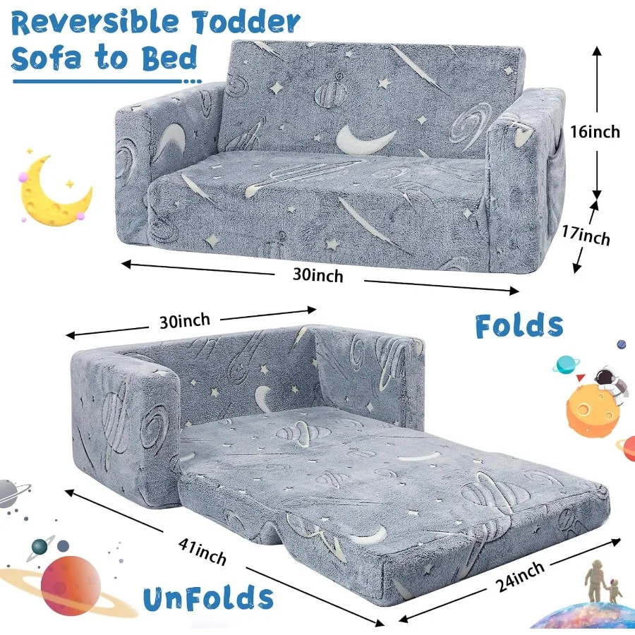 2in1 Convertible Toddler Couch and Chair for Foldable Soft Comfy Sofa Bed with GlowintheDark Feature Ideal for 's Room Playroom