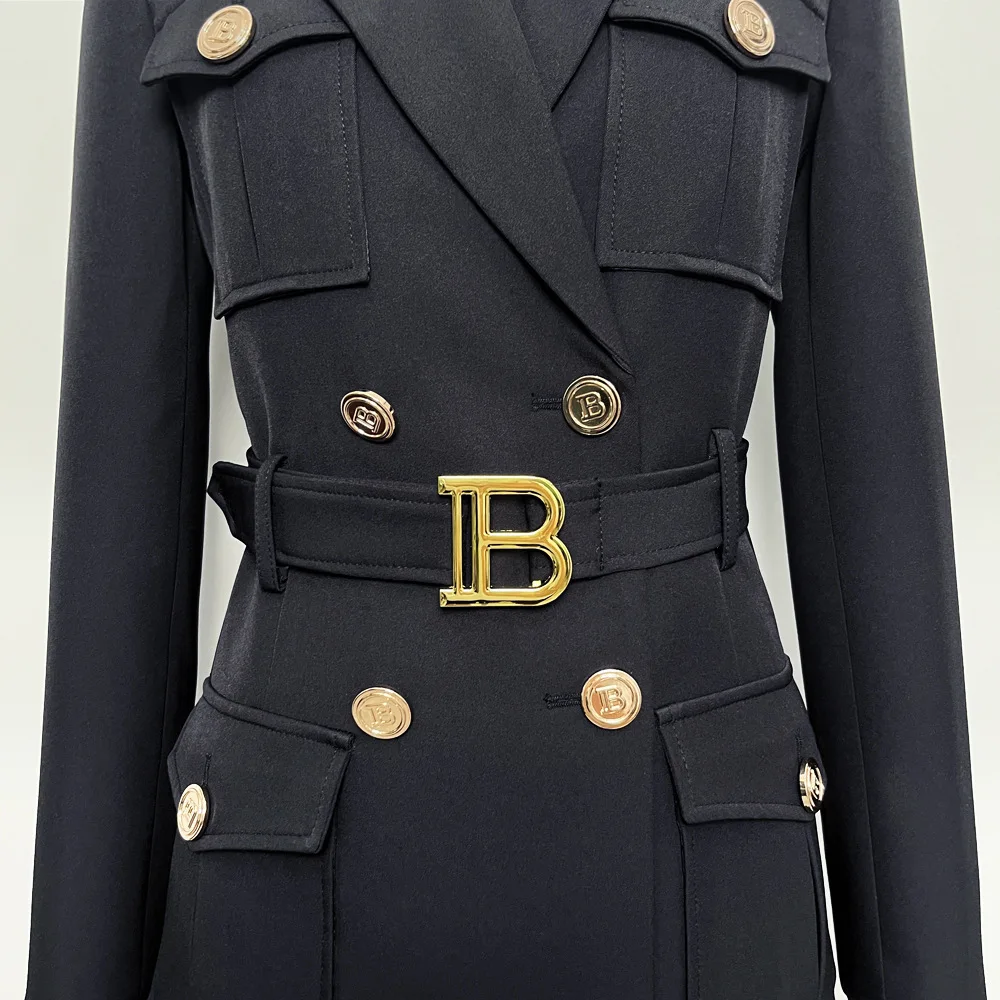 Fashion Woman Blazer 2022 Waist Slim Double Breasted Belt Jacket Spring Fall Solid Elegant Office Dress