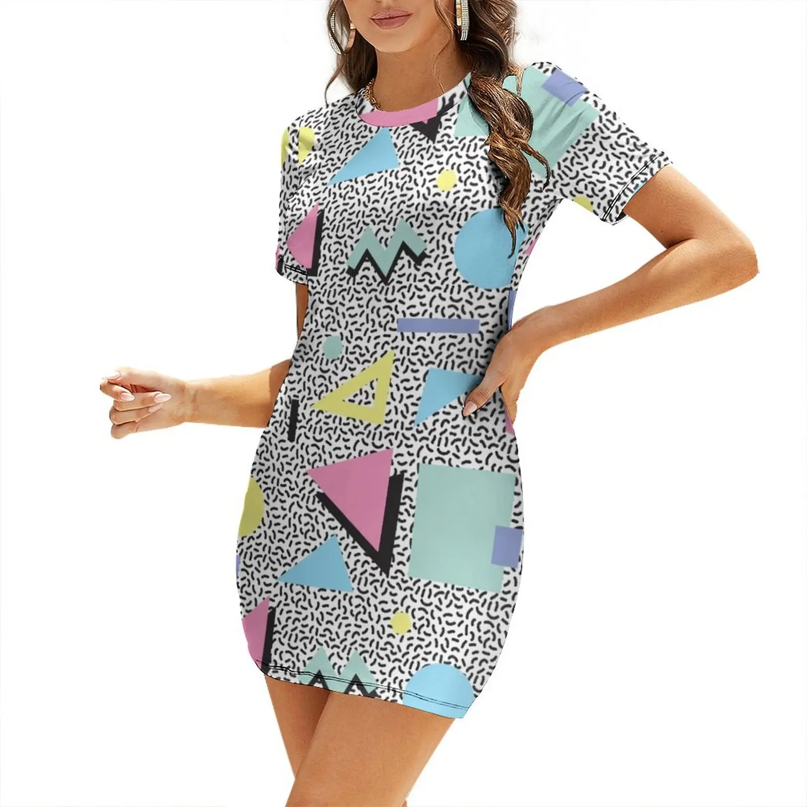 Vestido de manga corta con diseño de patrón Memphis de los años ochenta, vestido de noche para mujer, ropa de mujer