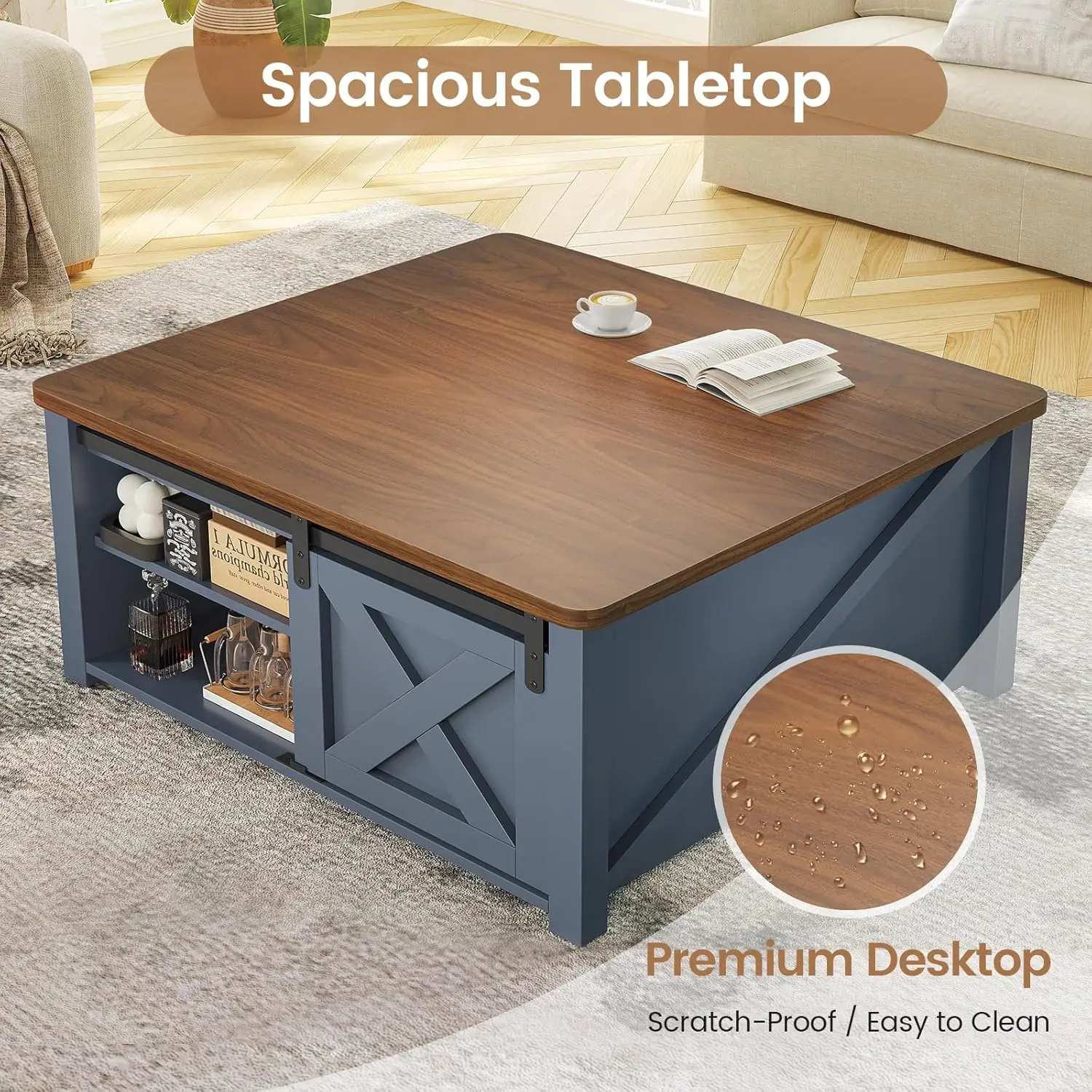 31.5" Lift TopSquareCoffeeTable (Blue) - Farmhouse Style with Large Hidden Storage & Adjustable Shelves, Perfect for Living Room