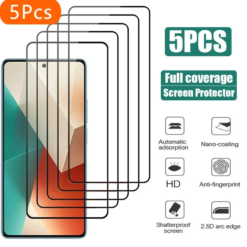 5Pcs For Xiaomi Redmi Note 13 Pro 5G 4G Tempered Glass For Redmi Note 10 11 12 Pro 12S 11S 10S 14 Full Cover 9H Screen Protector