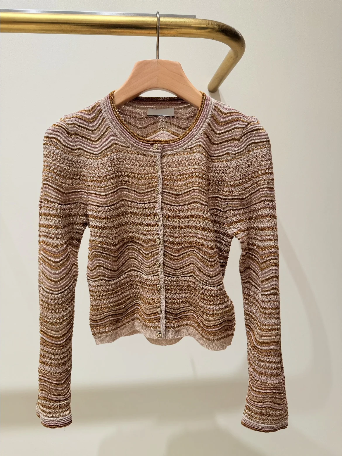 

Heidd Gradient Wave Stripe Long Sleeve round Neck Bright Thread Knitted Sweater Women's Regular Fit Short Length Cardigan