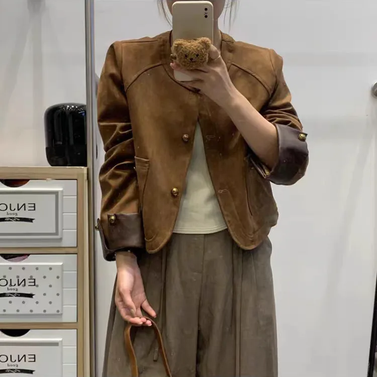 Retro Style Short Spliced Faux Leather Velvet Jacket Women's Spring Autumn Motorcycle Clothes Trendy round Neck Long Sleeve