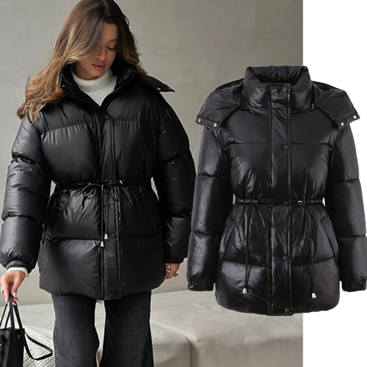 

Jenny&Dave High Street 2026 Winter French Lazy Bread Parka Coat Black Women's Jacket Woman Clothes Tops Coat