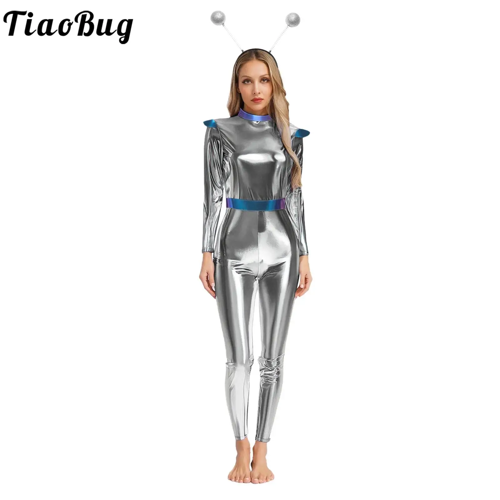 

Women's Sliver Alien Costume Astronaut Jumpsuit Metallic Costumes Robot Suit Carnival Party Cosplay Outfit with Alien Headband