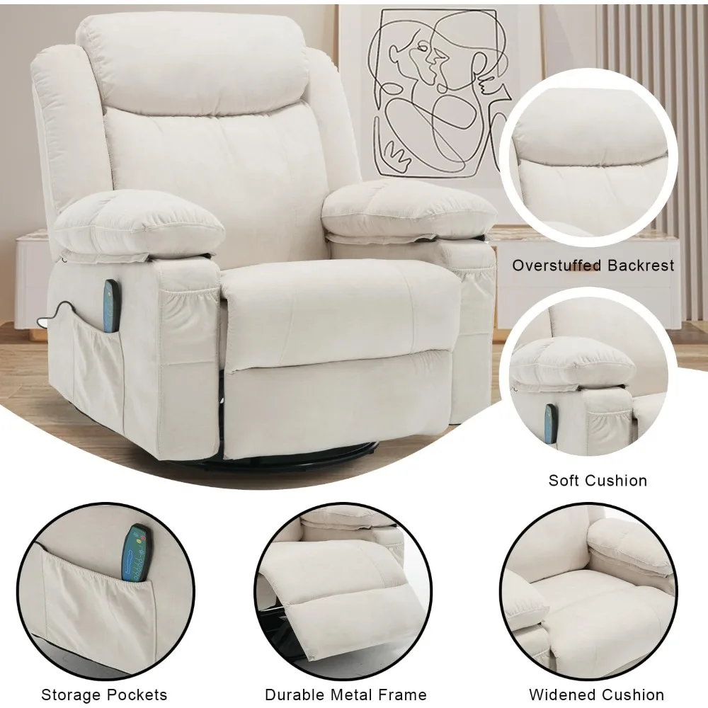 Massage Rocker Recliner Chair with Heat for Adult, Fabric Overstuffed Swivel Recliners Single Sofa Reclining Rocking Manual Home