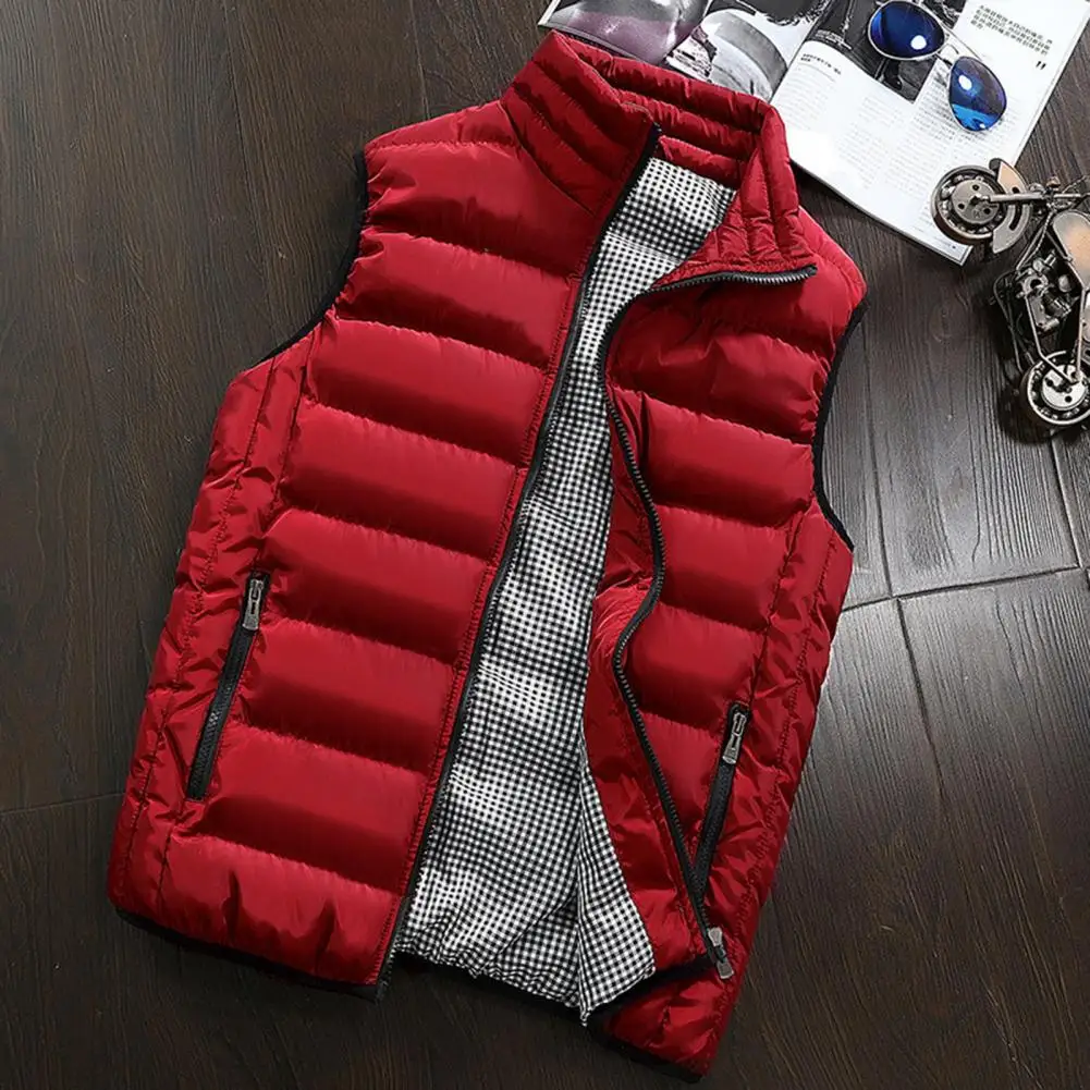 Men Waistcoat Men's Winter Padded Vest with Zipper Pockets Stand Collar Thick Warm Sleeveless Waistcoat for Neck Protection