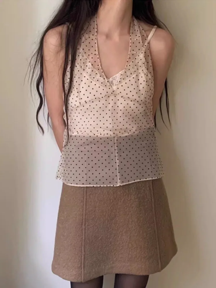 2025 Summer New See Through Mesh Tank Top Black Wave Point Lace Up Camisole Vest Y2k E-Girl Sleeveless Halter Tops Women