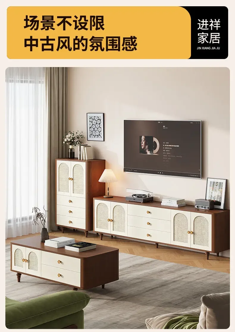 DSA Rubber Wood Solid Wood TV Cabinet Living Room New Light Luxury Household Retro Medieval High Foot Cabinet