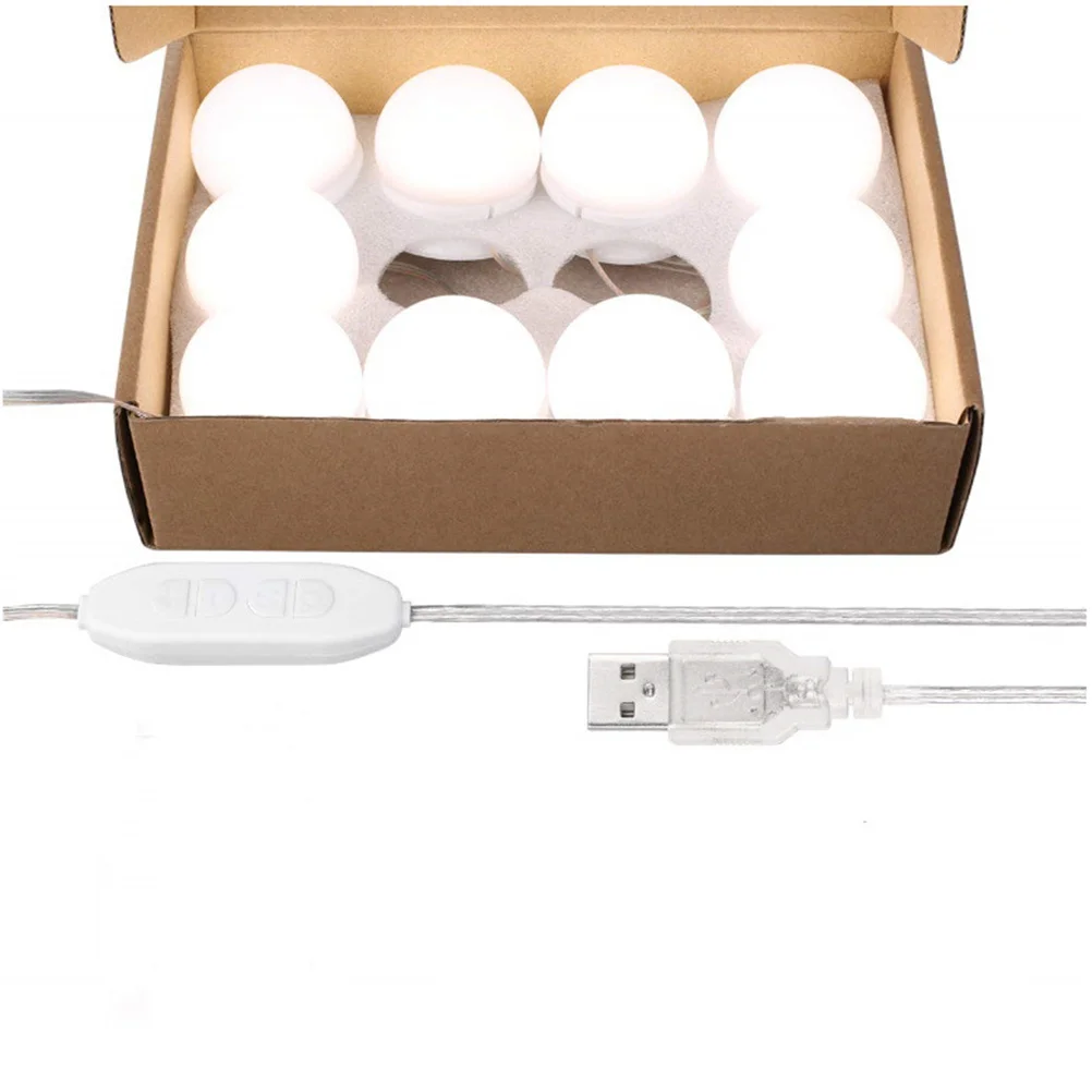 หลอดไฟ LED สำหรับกระจกแต่งหน้าแบบ USB 10 ดวง ปรับอุณหภูมิสีและความสว่างได้ ให้แสงนุ่มนวล