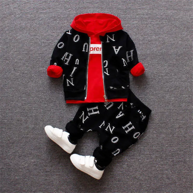 

3PCS Boys' Autumn Set New Baby Zipper Three Piece Set Full of Printed Letters Hooded Long Sleeve Sweatshirt Set