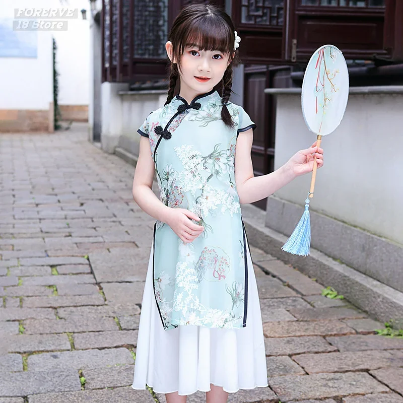 Hanfu Dress Kids Princess Costume Children Qipao Floral Vestidos Evening Party Girl Traditional Chinese Cheongsam Hanfu