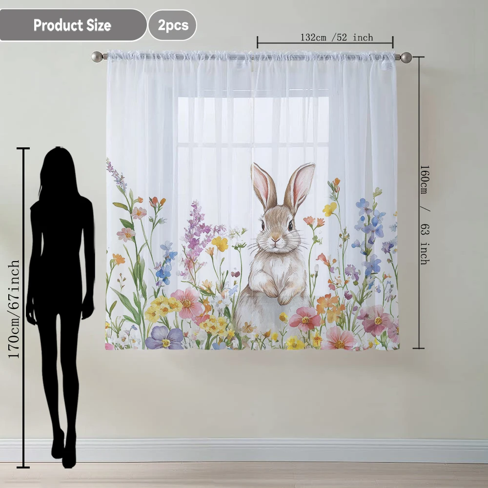 2Pcs Rabbit And Colorful Floral Print Home Decoration Window Screens, Suitable For Cafes, Restaurants, Bedrooms
