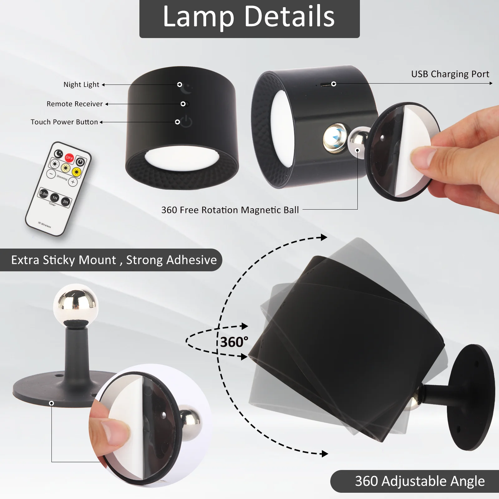 LED Wall Sconce UP & Down Double Lamp with 4 Dimmable Brightness 3 Color, Cordless Removable Magnetic Ball 360° Rotation, Touch