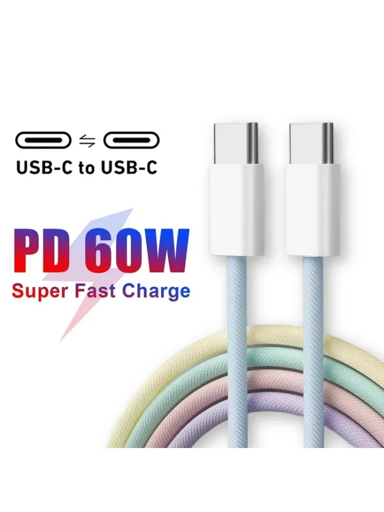 60W PD USB-C zu Typ-C Kabel für iPhone 15 16 Pro Schnellladekabel für Huawei Xiaomi Samsung Buntes Geflochtenes Datenkabel