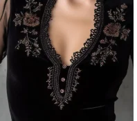 

Black Women's Velvet Blouse Sexy V-Neck Mesh See Through Long Sleeve Floral Embroidery Lace Shirt Blouse Tops for Spring