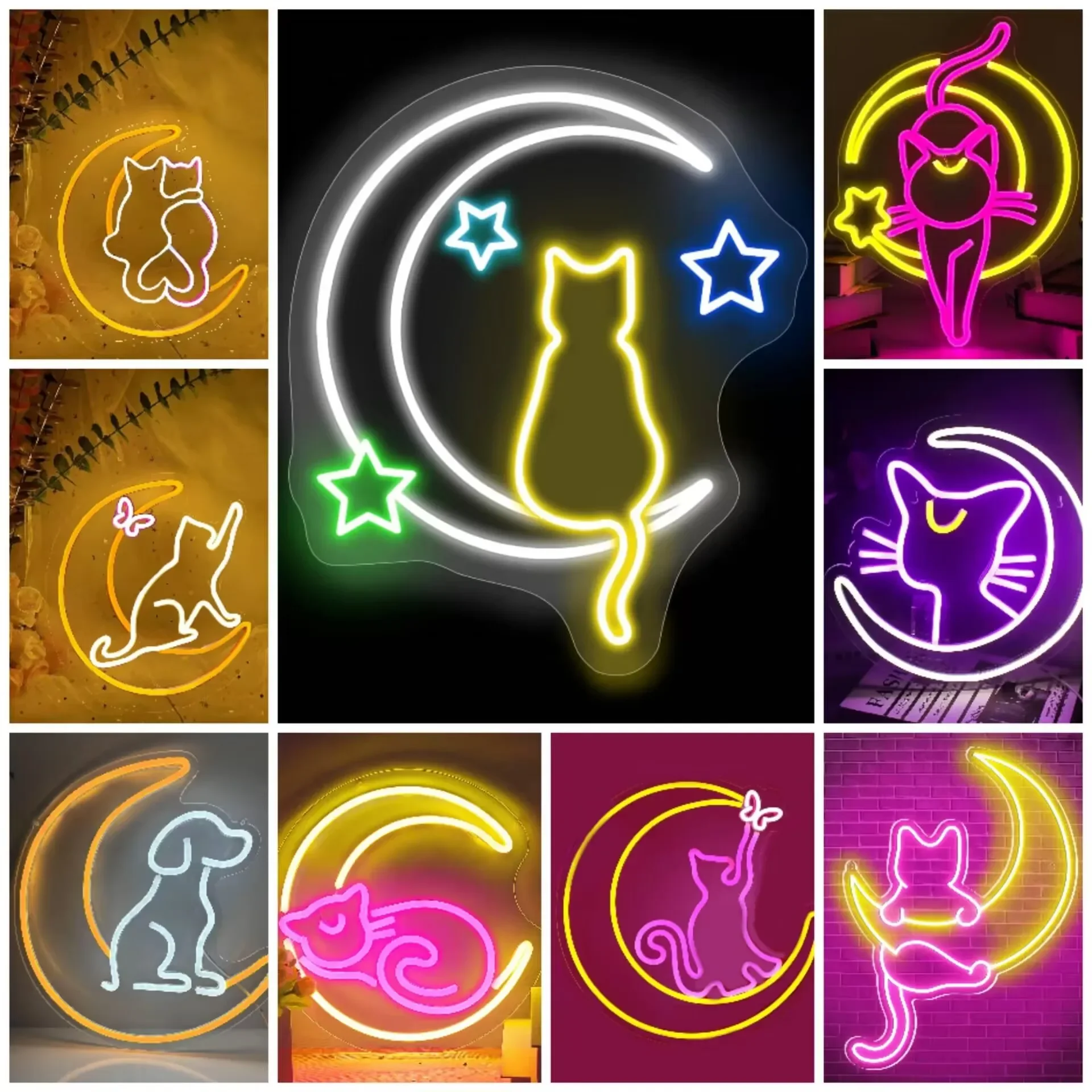 Cat Dog Neon Sign LED Animal Night Light Moon Neon Light Sign for Bedroom Room Animal Paradise Pet Hospital Decor Pet Loss Gift