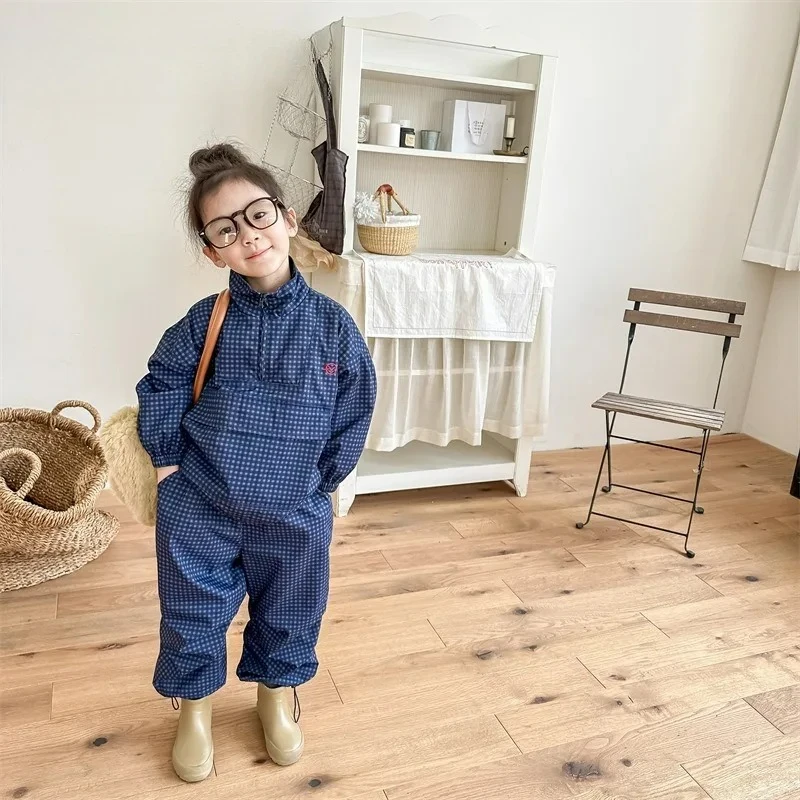 2026 New Autumn Winter Children 2-piece Set Plaid Print Half-zip Fleece Pullover Outdoor Jackets+Pants Boys Girls Clothes A3588