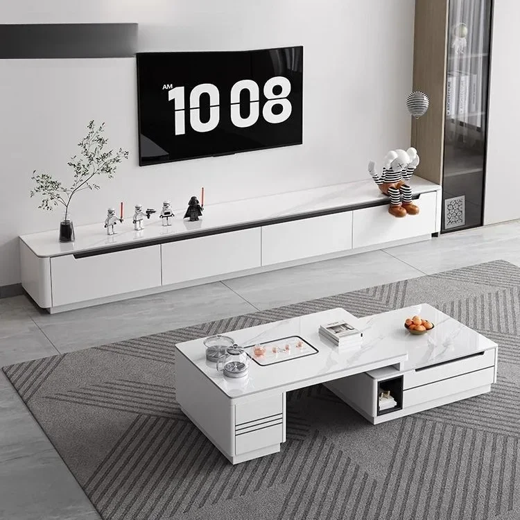 Rock slab retractable Kung Fu tea table small apartment living room household light luxury floor retractable coffee table TV